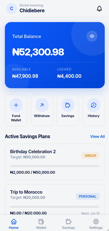 SaveMoni app showing wallet balance and savings plans